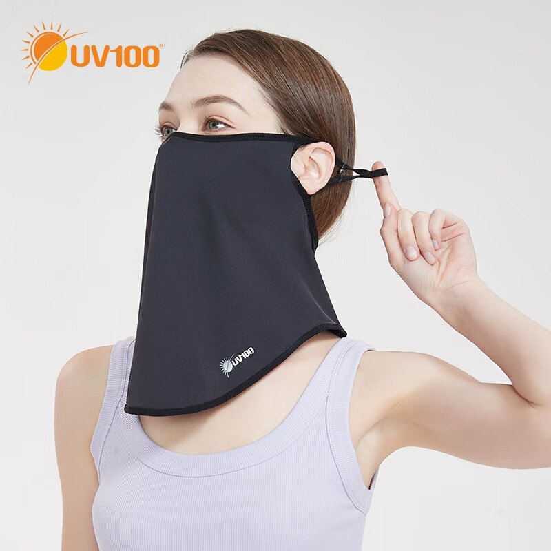 UV100防晒面罩全脸防紫外线夏季男女护颈骑行薄透气遮阳口罩23408 暗夜黑-遮蔽率99.52 % F