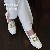 AJOY SAHU 艾珈莎琥秋冬深口乐福鞋花芯扣粗跟英伦风女单鞋通勤鞋一脚蹬