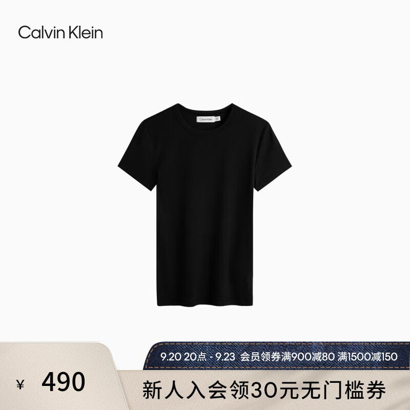 Calvin Klein Jeans女简约刺绣螺纹纯色短袖T恤40WJ217 BAE-太空黑 XS