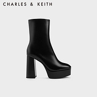 CHARLES&KEITHCK1-90360383粗跟防水台高跟拉链瘦瘦靴女 Black黑色 39