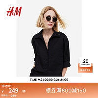 H&M女装长袖衬衫舒适亚麻混纺透气休闲衬衣1122105 黑色 170/116A
