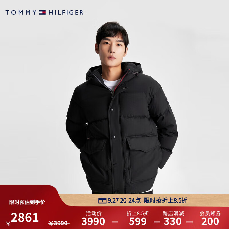 TOMMY HILFIGER 男大口袋鸭绒加厚保暖面包羽绒服2789 黑色BDS