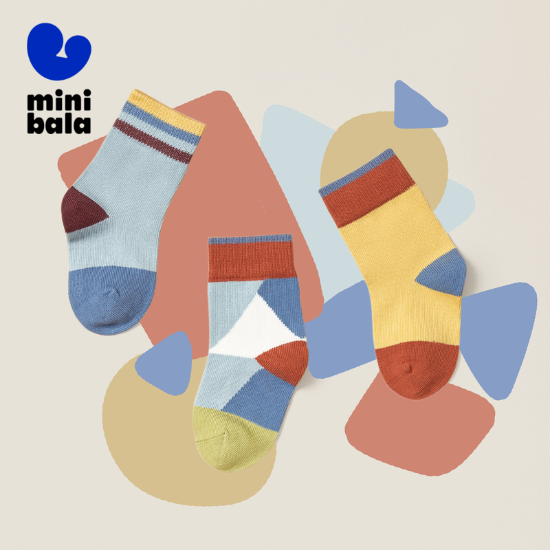 迷你巴拉巴拉男童女童袜子柔软透气彩色袜子3双装