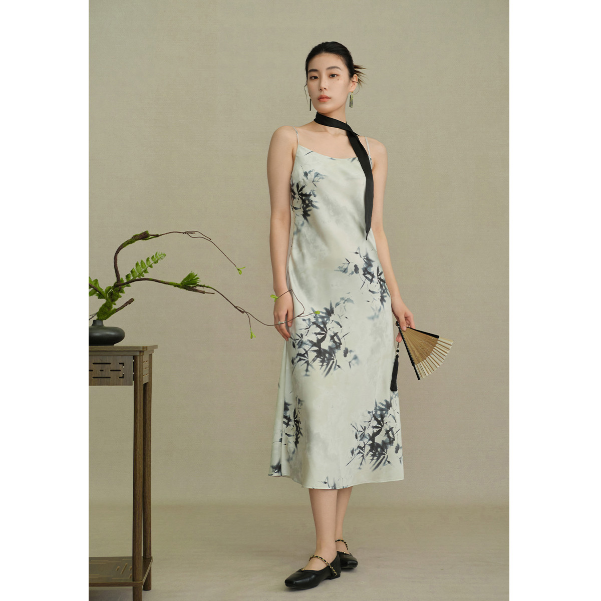 独束 大码【新中式】水墨风印花吊带裙秋装新款国风连衣裙女长裙
