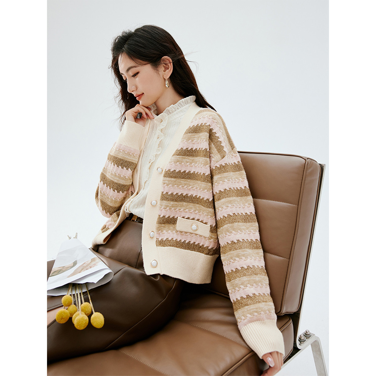 HOPESHOW 红袖 女装条纹撞色简约亮丝条纹落肩V领针织开衫外套