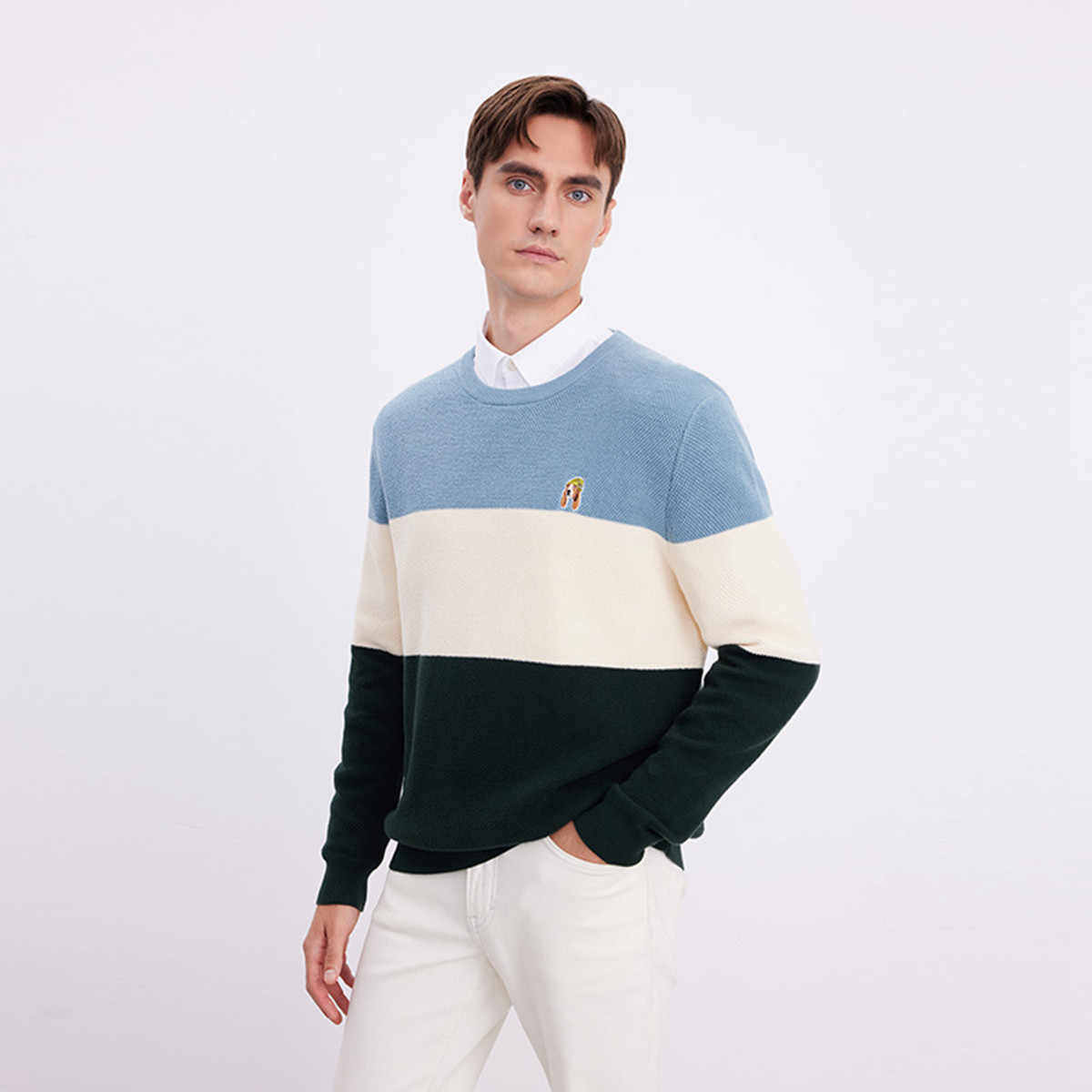 通勤休闲纯棉条纹圆领男式针织衫