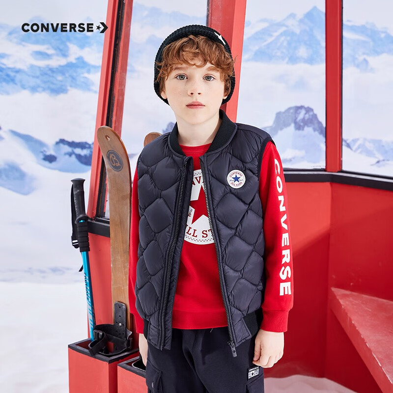 Converse匡威儿童装男童三防羽绒马甲中大童外套背心 正黑色 120/60