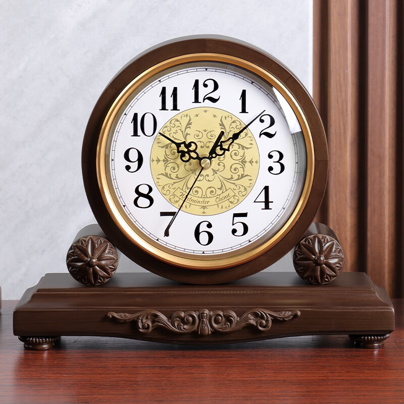 汉时（Hense）音乐报时实木座钟欧式客厅石英钟家用创意时钟古典台钟桌钟HD219 棕色石英机芯