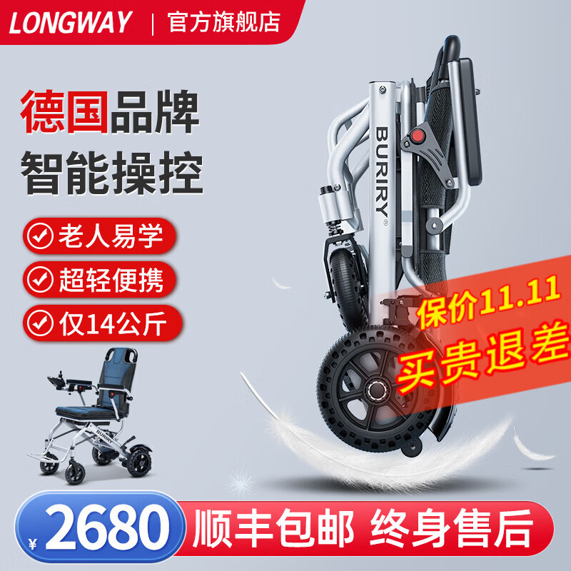 LONGWAY电动轮椅轻便可折叠可上飞机老人残疾人代步车锂电池智能遥控全自动轮椅四轮车 标准款丨单控+6AH锂电+续航10公里