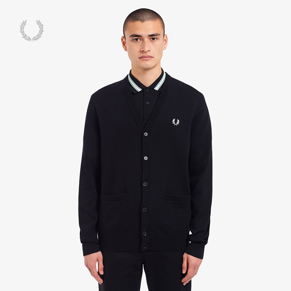 FRED PERRY 男士针织开衫春季v领麦穗刺绣英伦休闲羊毛衫K9551