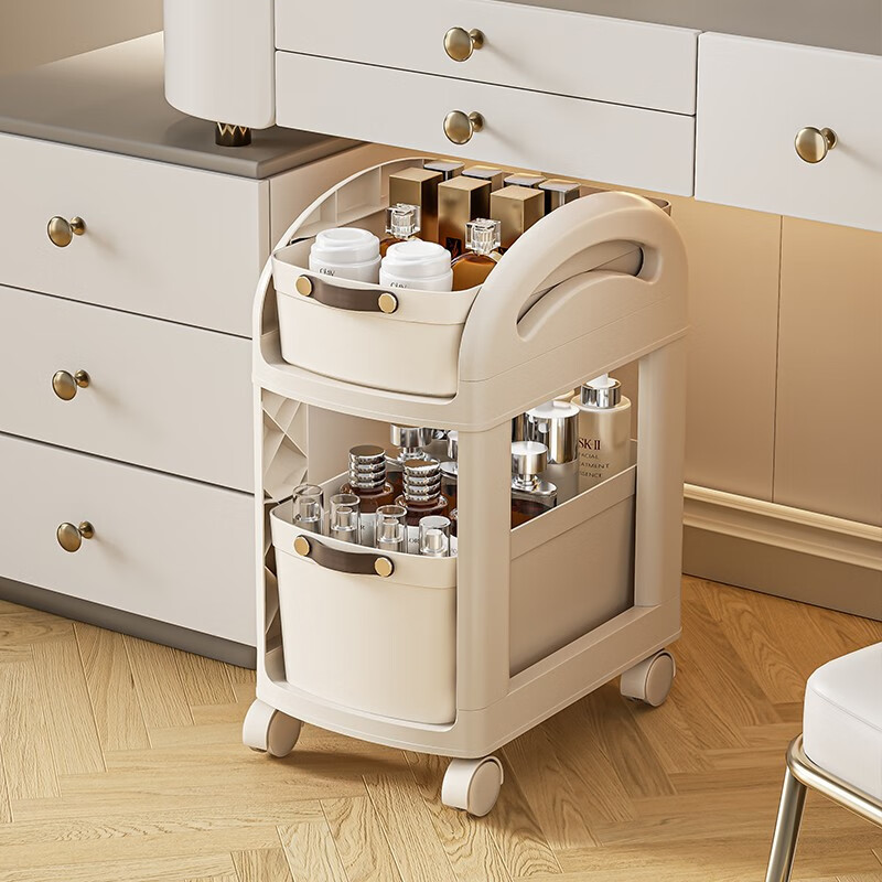 芙昕书包置物架可移动小推车厨房零食书本收纳架放书包桌下滑轮柜 奶白色-两层【带轮可拆卸