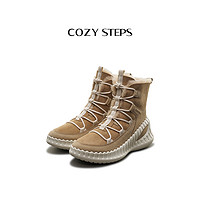 COZY STEPS 可至冬季新款真皮圆头厚底时装靴系带中筒雪地靴8094