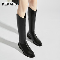KEKAFU 珂卡芙 長筒靴女2023秋冬新款粗跟高跟直筒V口高筒騎士靴單靴長靴