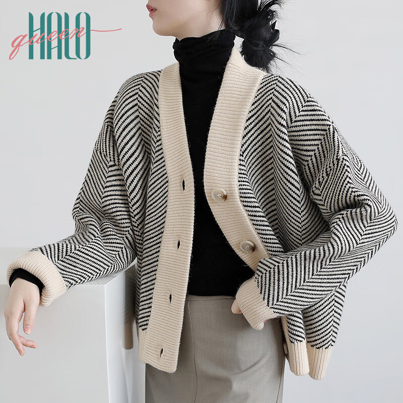 Halo Queen毛衣外套女针织开衫女条纹宽松上衣女H121Z115 米白色 均码 