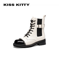 Kiss Kitty KISSKITTY骑士靴女小香风马丁靴珍珠拼色粗跟炸街短靴