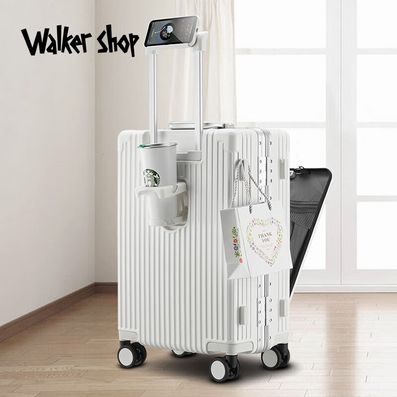 Walker Shop行李箱商务登机箱铝框拉杆多功能前置开口带手机支架密码旅行箱 奶白色【USB+手机支架+杯架】 18寸