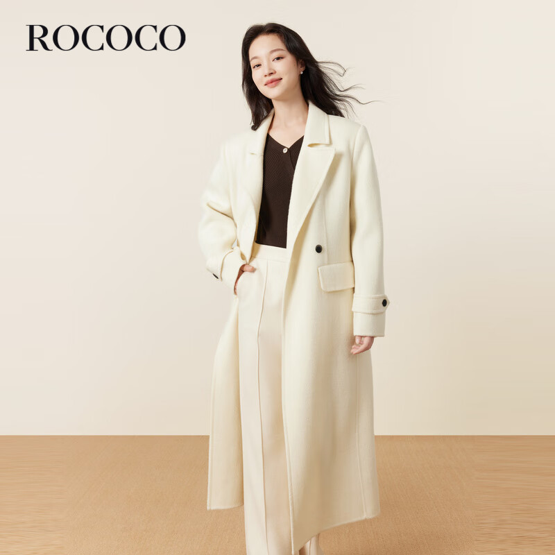 洛可可（ROCOCO）冬季羊毛大衣长款时尚毛呢外套女2023气质法式双面呢子上衣 奶白 M