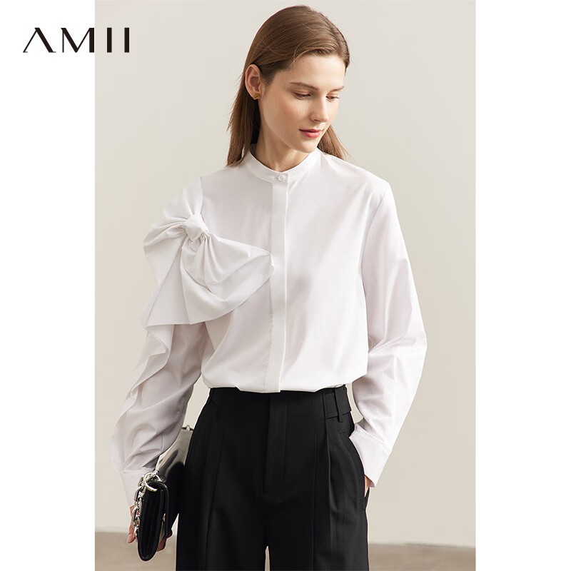 AMII小立领蝴蝶结装饰全棉白衬衫女法式衬衣高级感上衣 米白 165/88A/L