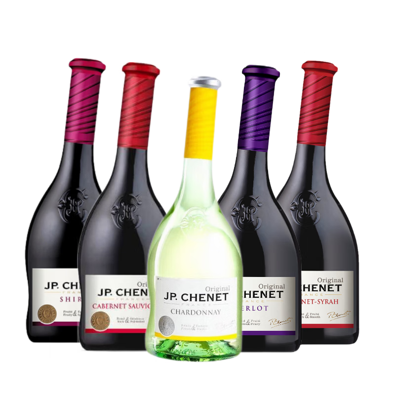 J.P.CHENET 香奈 法国原瓶进口 西拉+赤霞珠+赤霞珠西拉+梅鹿辄+霞多丽干白葡萄酒 750ML*5组合装