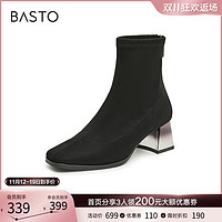 BASTO 百思图 23冬商场新款黑色高跟绒面弹力靴瘦瘦靴棉鞋女短靴TF240DD3