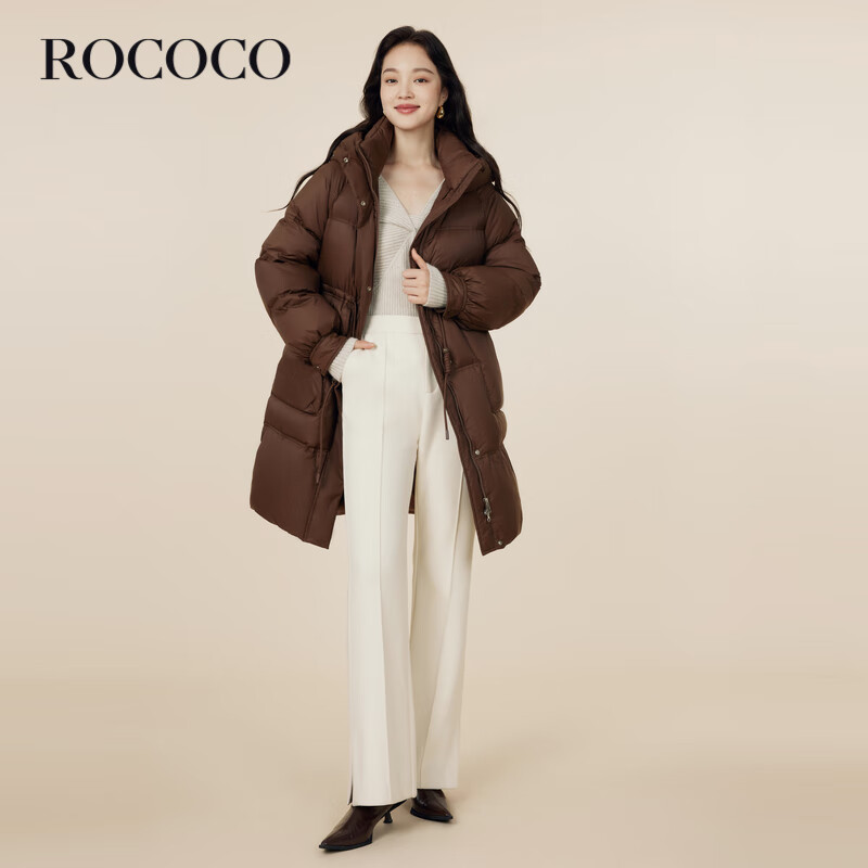 洛可可（ROCOCO）中长款鸭绒服女保暖2023加厚休闲连帽外套冬装 咖啡 M