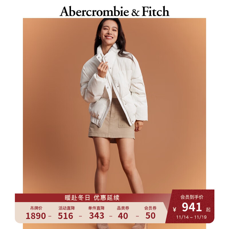 ABERCROMBIE & FITCH女装 立领防风抗水外套美式复古保暖羽绒服342095-1 白色 S (165/92A)