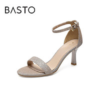 BASTO 百思圖 夏季新款商場同款森女風一字帶亮片高跟女涼鞋RL410BY1