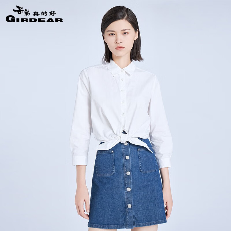 哥弟真的好气质翻领七分袖绑带短款纯棉白衬衫女衬衣8300090 白 L(4码)