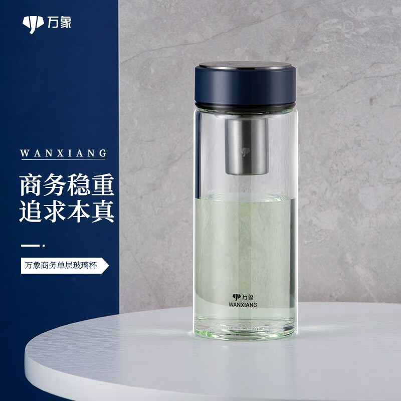 万象（WANXIANG）单层玻璃杯车载便携大容量茶杯男女商务办公 U272-黑蓝色-380ML