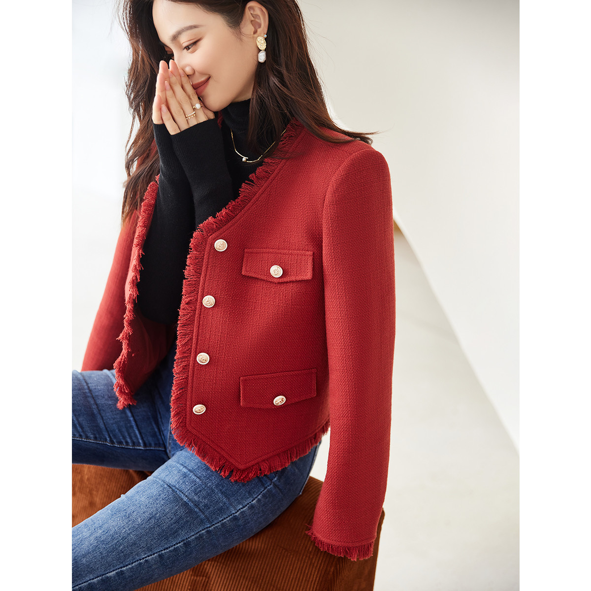 on&on 安乃安 2023秋季新款高级感显白粗花呢上衣