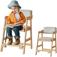 be 木制高脚椅,可调节高脚椅带高回弹防水垫,餐椅带台阶,适合儿童用餐、学习、步进工具(灰色)(灰色)