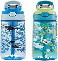 contigo 康迪克 儿童水瓶，带重新设计的 AUTOSPOUT 吸管，14 盎司（约413.98 毫升），恐龙和鲨鱼图案，2 件装
