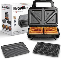 Breville 铂富 三合一终极零食机 | 深填充烤面包机、华夫饼机和帕尼尼压榨机 | 可拆卸不粘盘 |