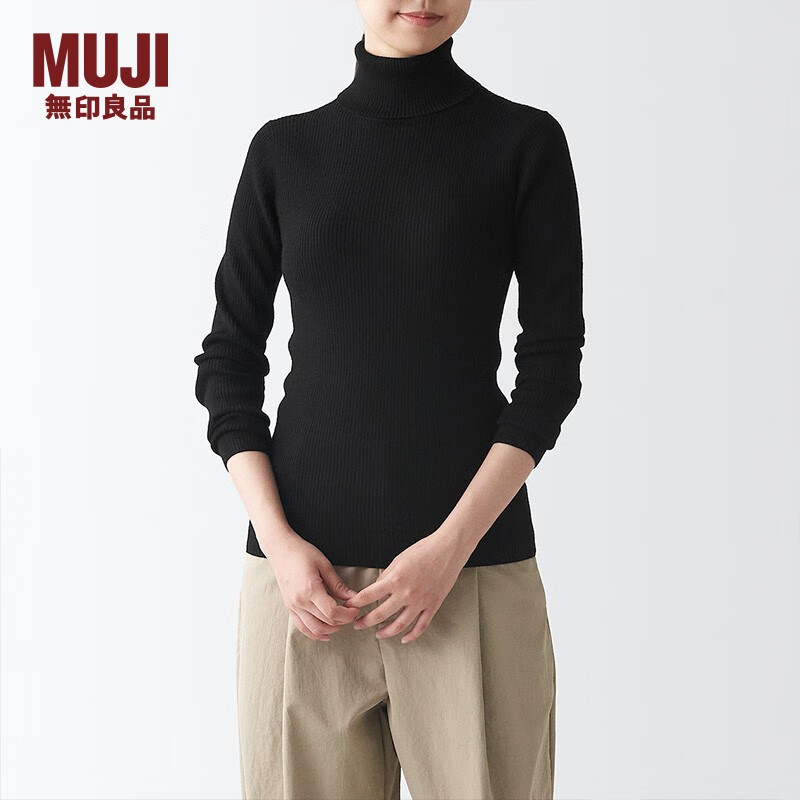  無印良品 無印良品 MUJI  女式 罗纹 可水洗 高领毛衣 BAG01A1A 长袖打底针织衫 黑色 M