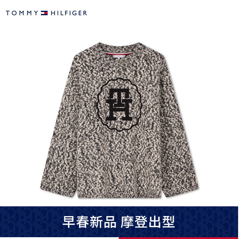 TOMMY HILFIGER24早春女装含羊毛混纺刺绣杂色宽松针织毛衣WW0WW40720 黑白拼色BDS XS/S