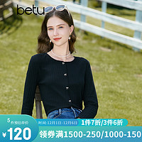 Betu 百图 女装T恤圆领长袖精致蝴蝶结纽扣针织T恤女2308T19 黑色 M