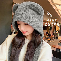 小熊耳朵帽子女秋冬季韩版可爱显脸小针织毛线帽灰色保暖护耳帽子