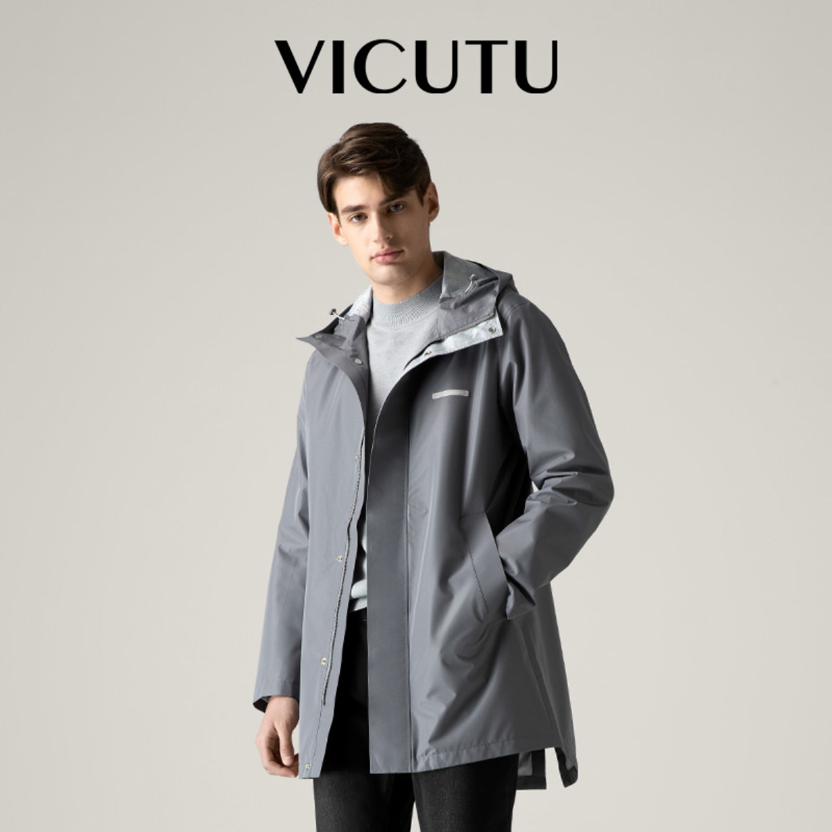 VICUTU 威可多 商场同款男士风衣中长款春秋修身连帽休闲外套