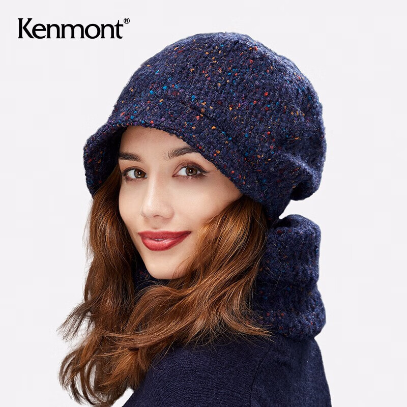 KENMONT 卡蒙 秋冬淑女针织贝雷帽女复古韩版日系百搭堆堆帽加厚km-9202 藏青色