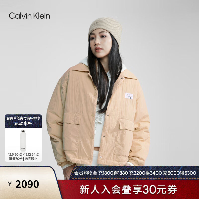Calvin Klein  Jeans24春季女士抽绳下摆大口袋衬衫式棉服外套J222917 AAT-象牙黄 L