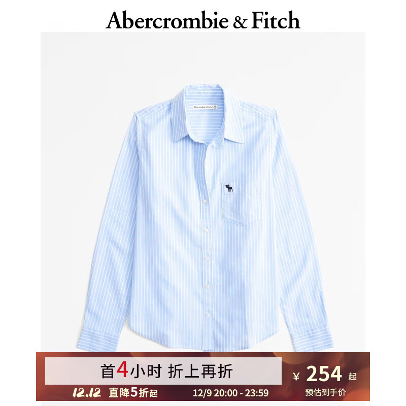 ABERCROMBIE & FITCH女装 小麋鹿白领气质通勤纯色百搭美式复古长袖衬衫 KI140-4115 浅蓝色条纹 XL (170/112A)