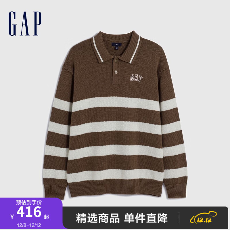 Gap 盖璞 男女装冬2023LOGO复古POLO针织衫842138宽松廓形保暖毛衣 深棕色 175/96A(L)亚洲尺码