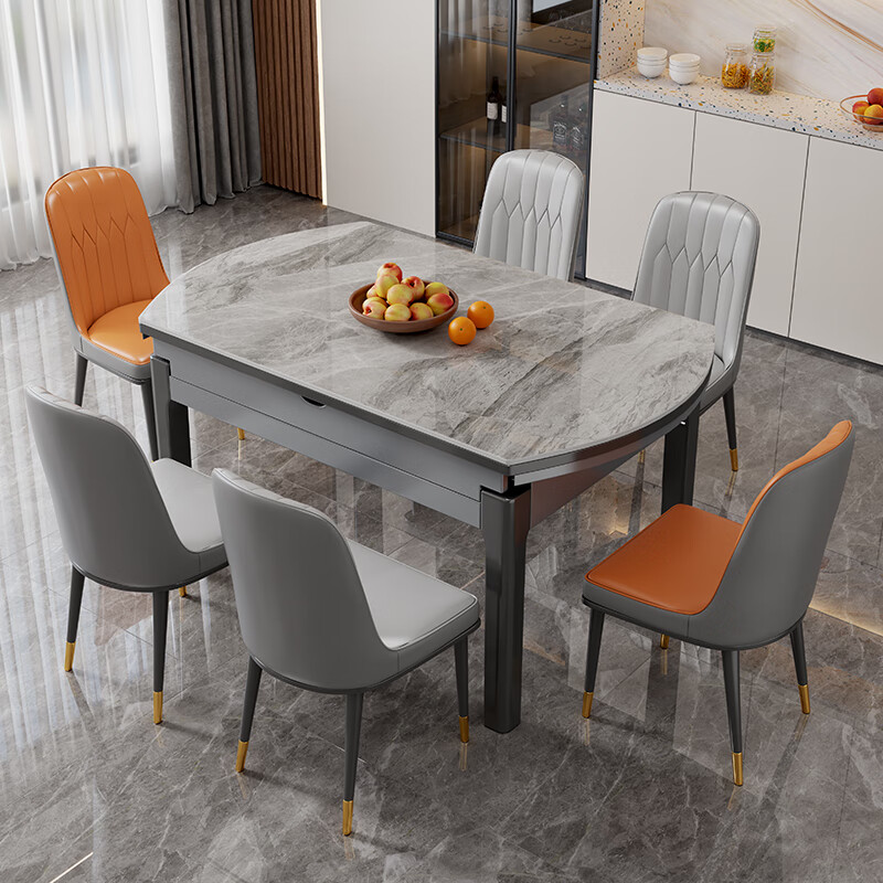 莱仕达岩板餐桌椅组合可伸缩现代简约家用小户型实木饭桌B16 1.35+6+转