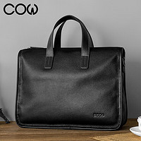 COW 公文包头层牛皮休闲手提包时尚男包横款电脑包大容量商务包C-8620 黑色