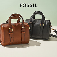 FOSSIL 化石棕色真皮波士顿包春季新款大容量复古单肩斜挎女士包包