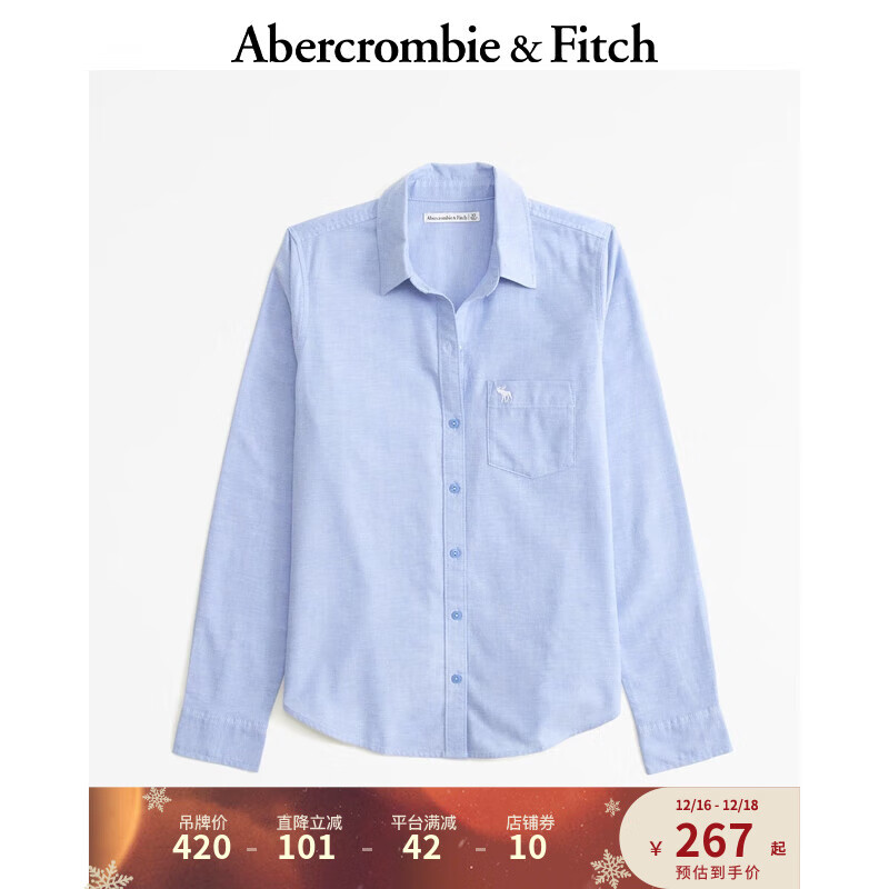 ABERCROMBIE & FITCH女装 小麋鹿白领气质通勤纯色百搭美式复古长袖衬衫 355470-1 蓝色 S (165/92A)