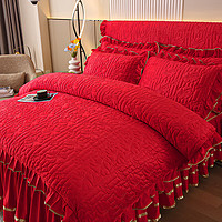 眠度冬季高档水晶绒加厚保暖被套花边夹棉床裙四件套床上用品 盛世花颜-典雅红 1.5m床裙款四件套-被套200*230cm
