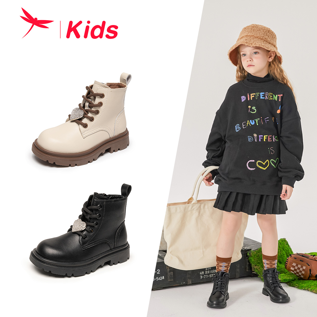 红蜻蜓 RED DRAGONFLY 女童鞋马丁靴爱心可爱公主保暖加绒短靴烟筒靴