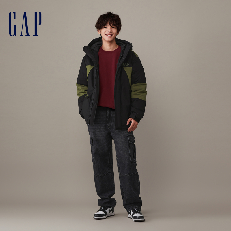 Gap 盖璞 男装冬季2023LOGO拼色连帽羽绒服夹克836121保暖宽松外套