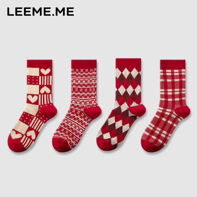 LEEME.ME 粒米 袜子女秋冬季中筒袜红色 红色×4